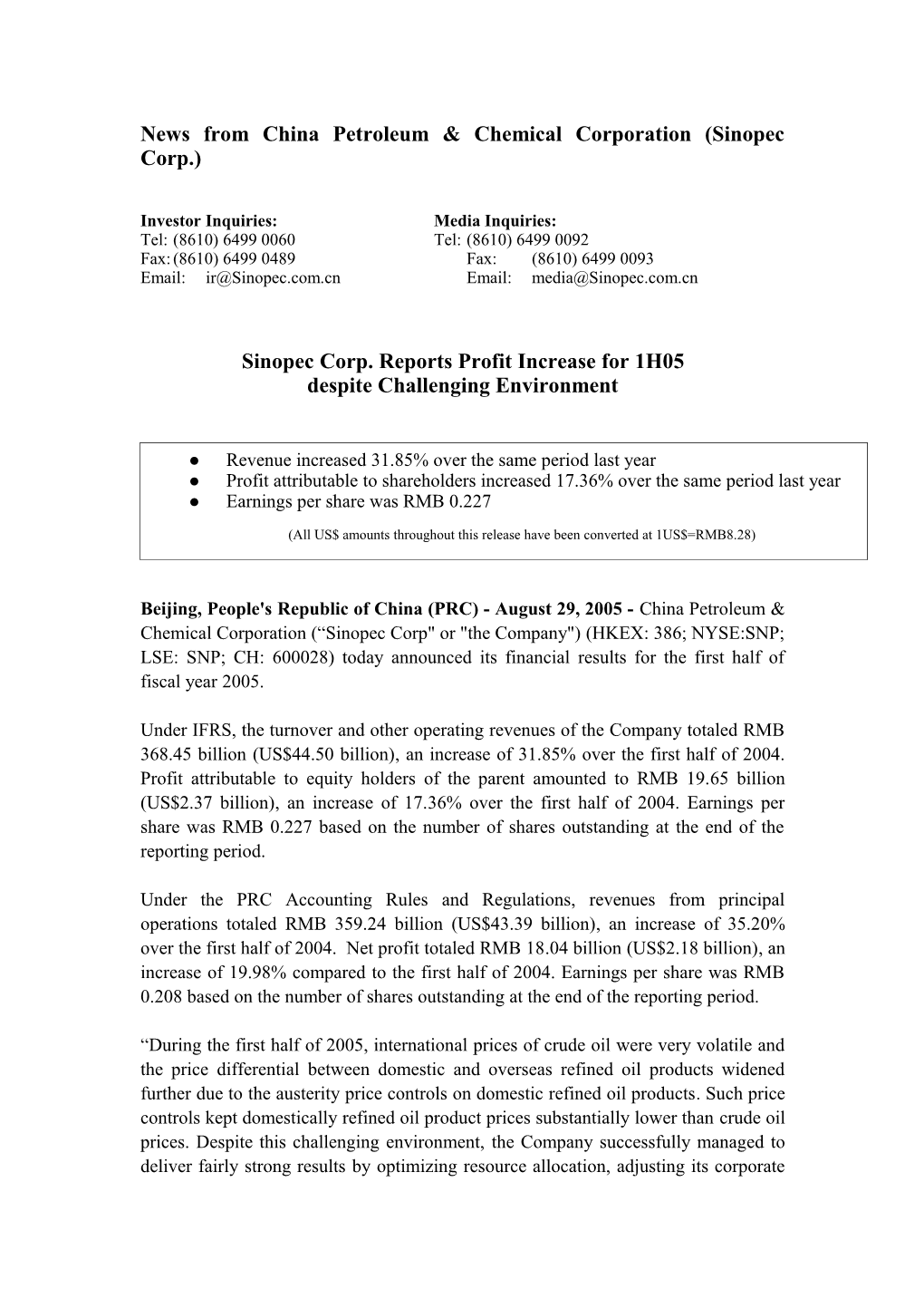 News from China Petroleum & Chemical Corporation (Sinopec Corp