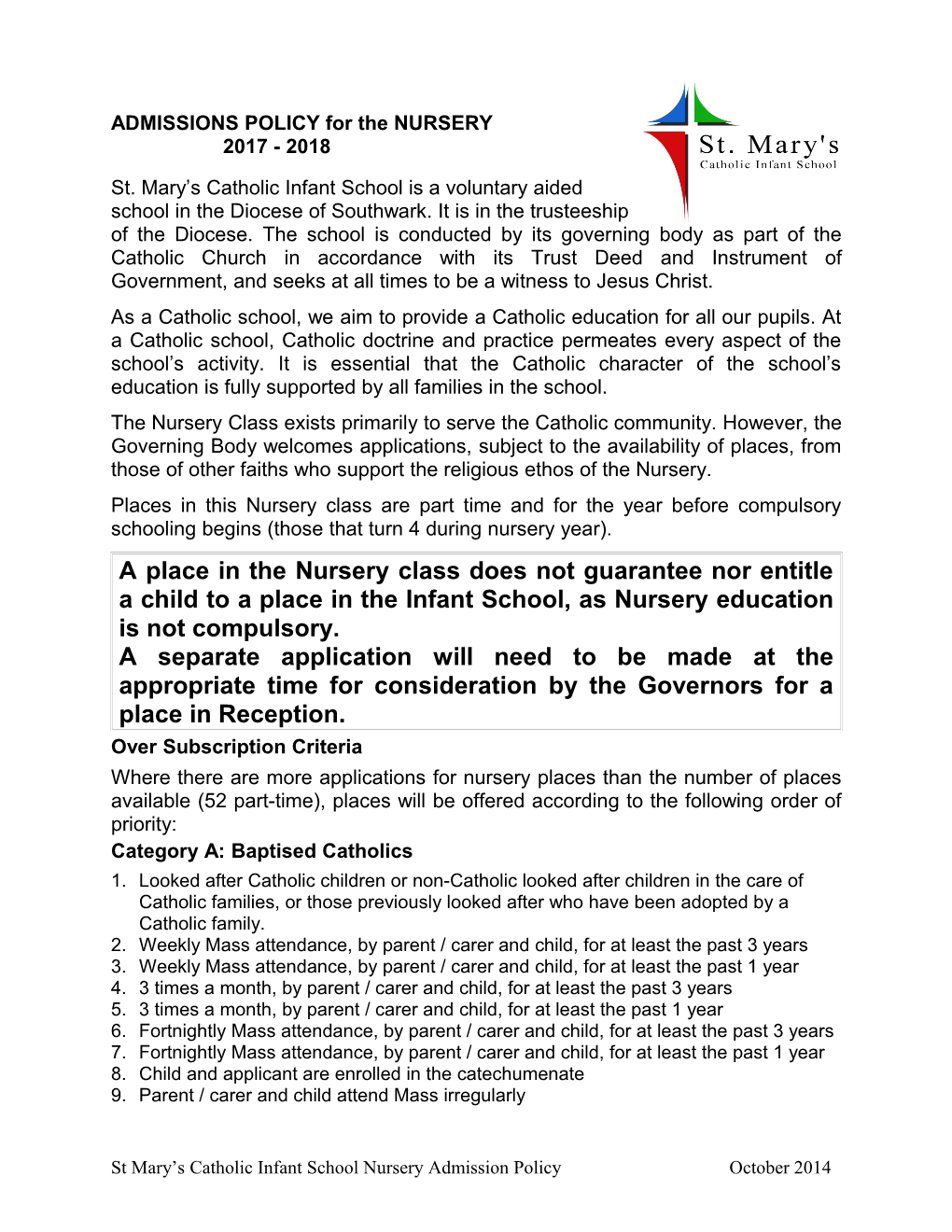 ADMISSIONS POLICY for the NURSERY