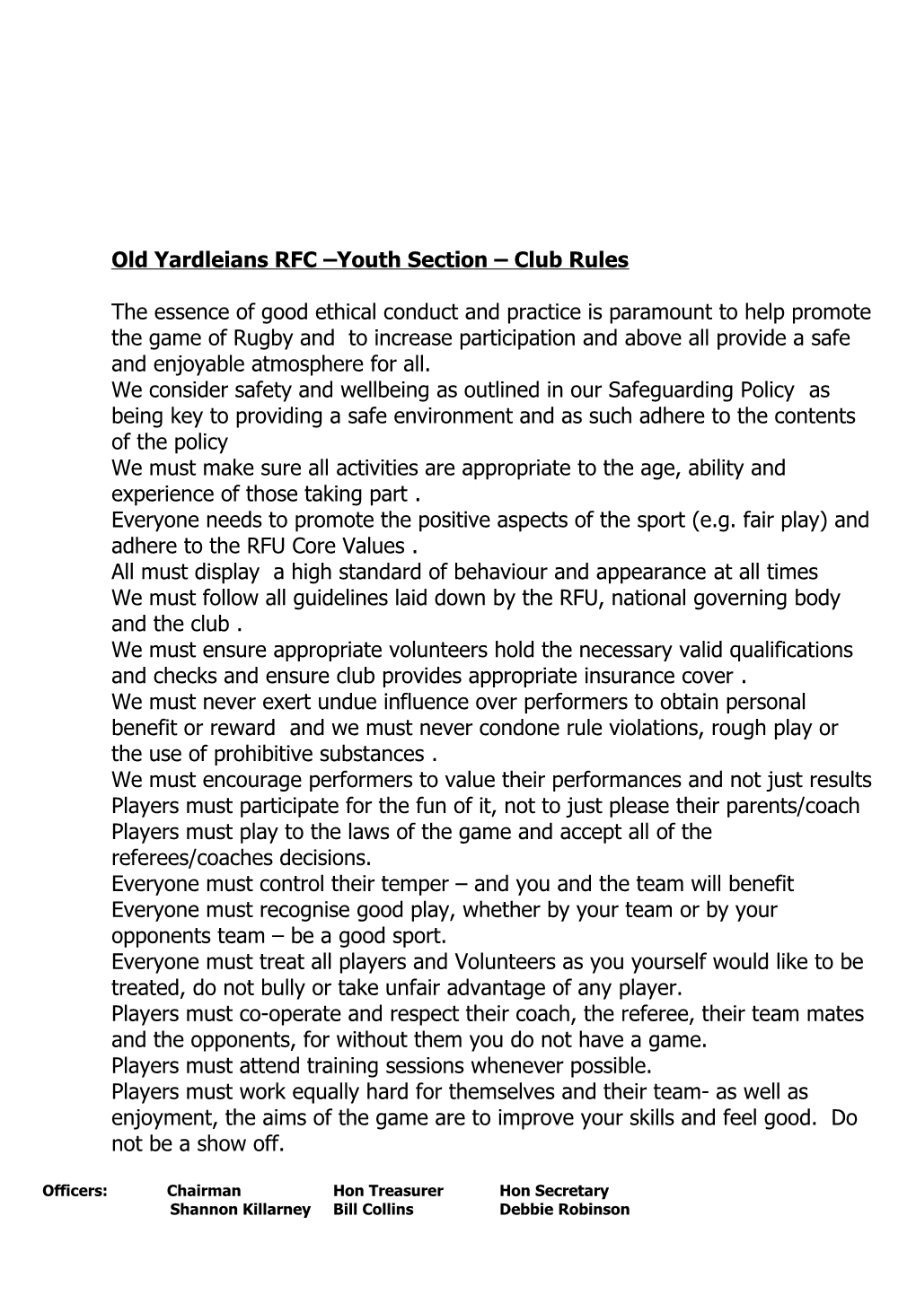 Old Yardleians RFC Youth Section Club Rules