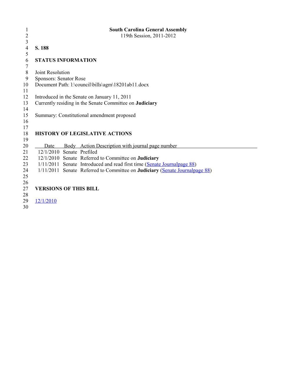 2011-2012 Bill 188: Constitutional Amendment Proposed - South Carolina Legislature Online
