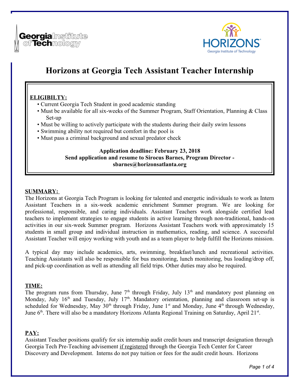 Horizons Atgeorgia Tech Assistant Teacher Internship