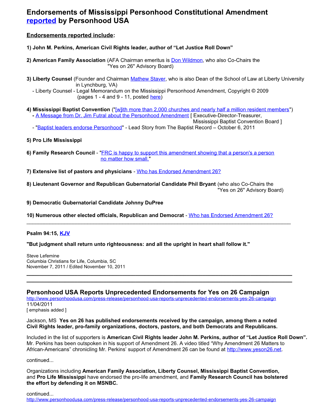 Endorsements of Mississippi Personhood Constitutional Amendment Reported by Personhood USA