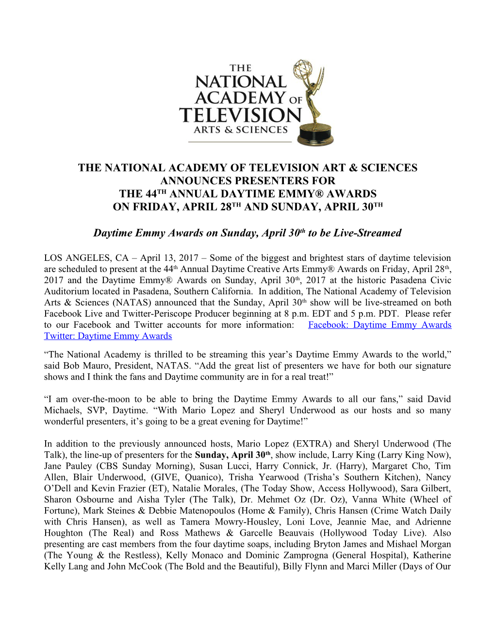 The National Academy of Television Art & Sciences Announces Presenters For