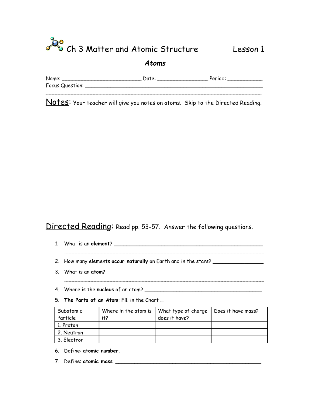 Chapter 3 Matter and Atomic Structure Lesson 1