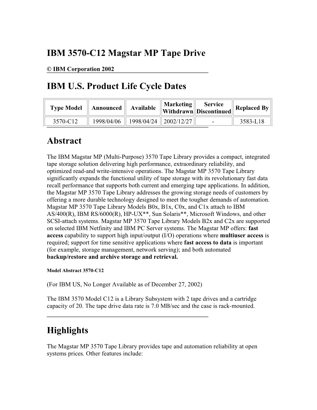 IBM 3570-C12 Magstar MP Tape Drive