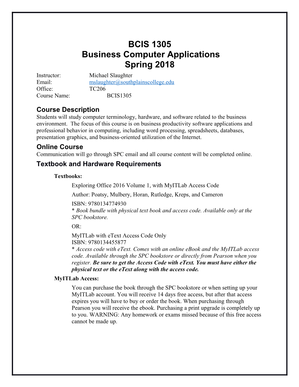 BCIS 1305 Business Computer Applications Spring 2018