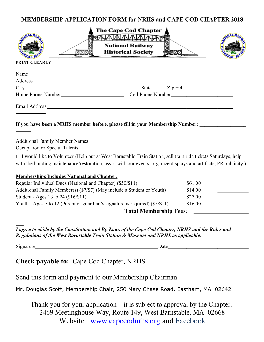 MEMBERSHIP APPLICATION FORM for NRHS and CAPE COD CHAPTER 2018