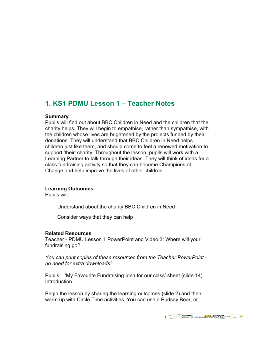 KS1 PDMU Lesson 1 Teacher Notes