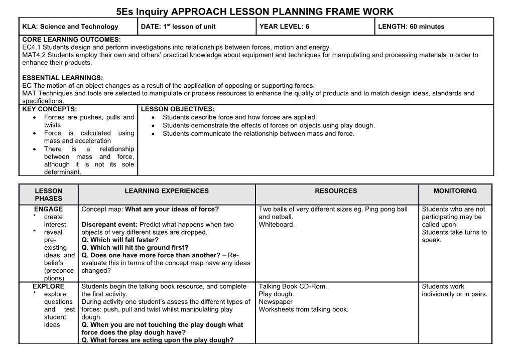 5Es Inquiry APPROACH LESSON PLANNING FRAME WORK