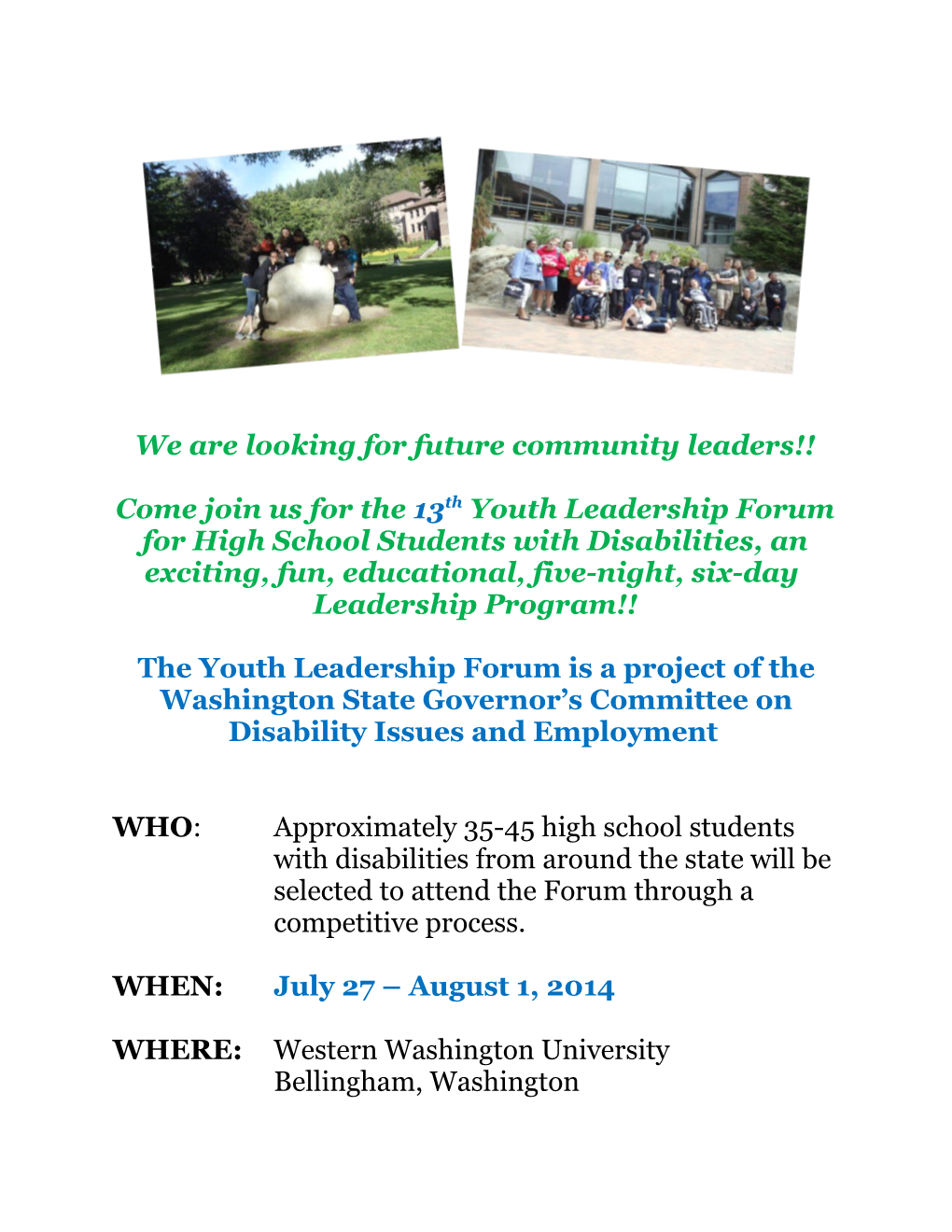 Youth Leadership Forum for High School Students with Disabilities Application