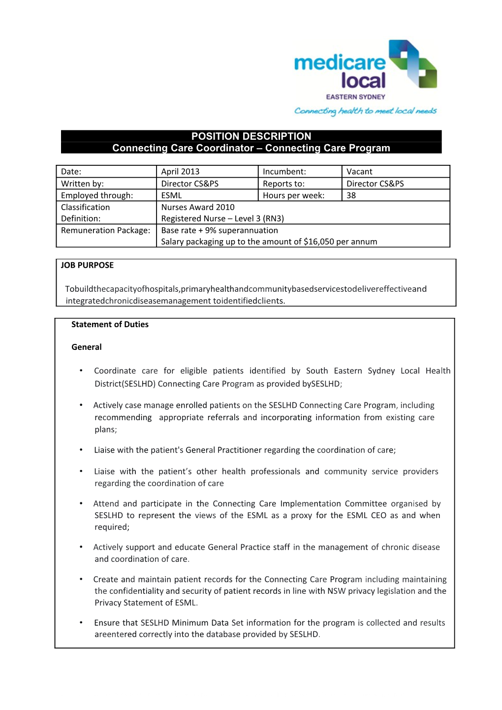 Connecting Care Coordinator Connecting Care Program