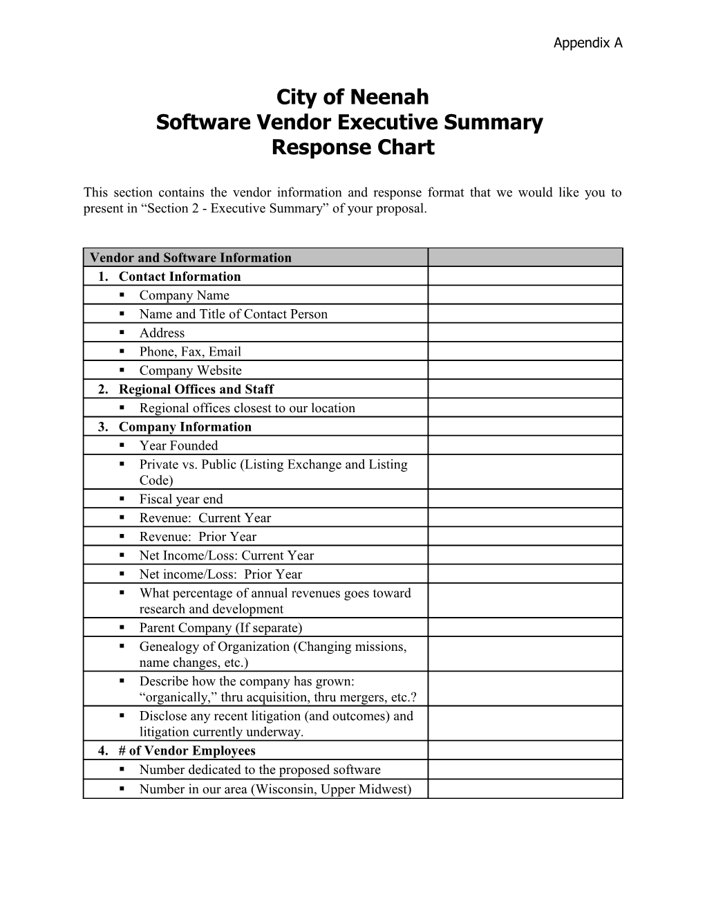 Software Vendor Executive Summary