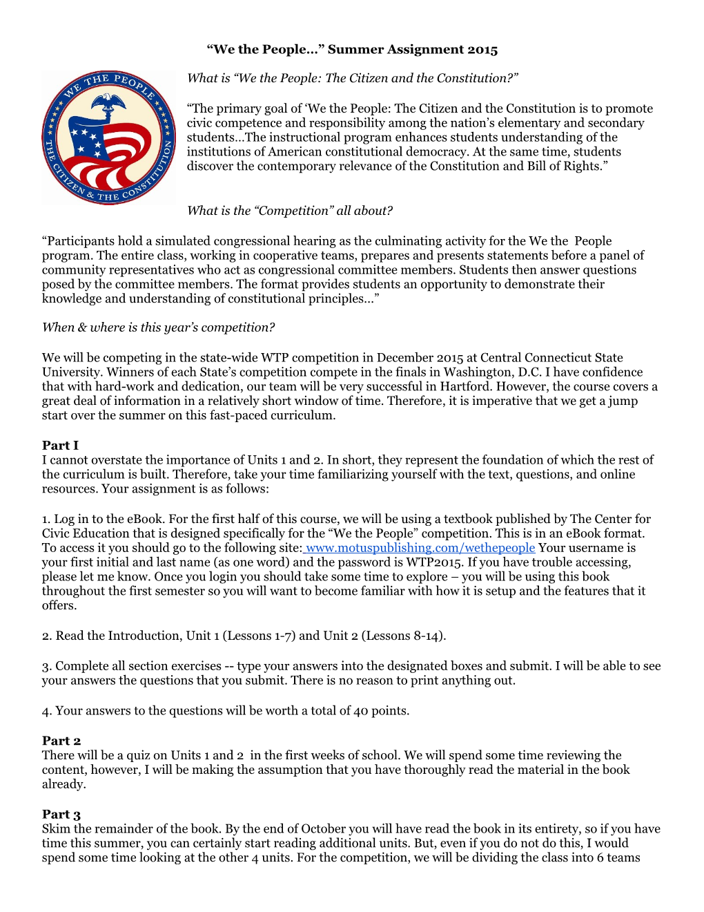We the People Summer Assignment 2015