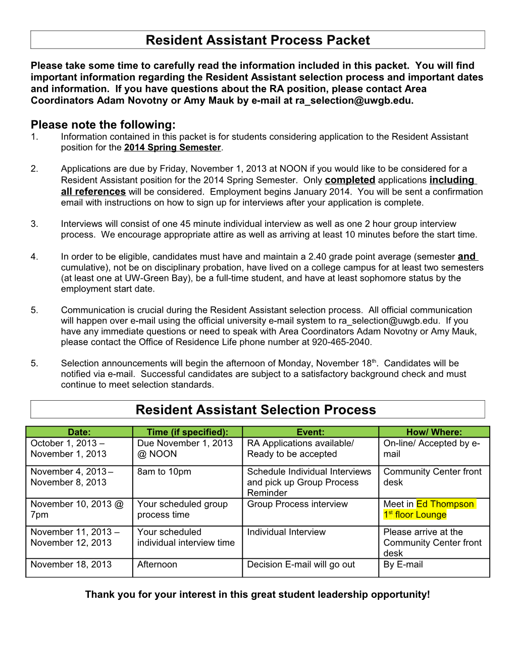 Resident Assistant Selection Packet