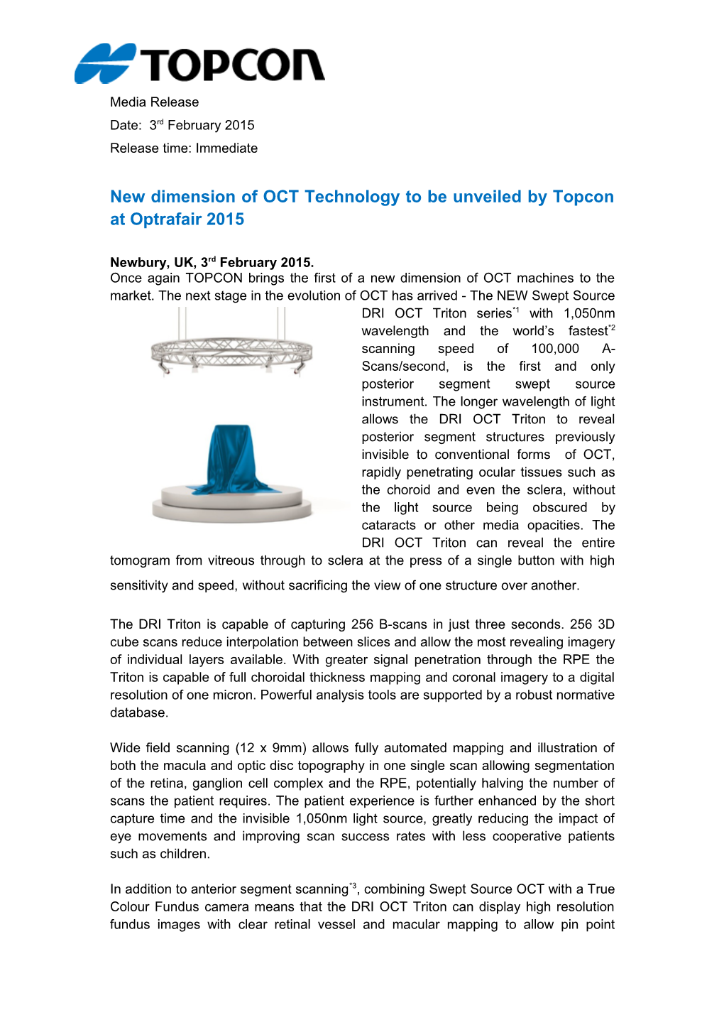 New Dimension of OCT Technology to Be Unveiled by Topcon at Optrafair 2015