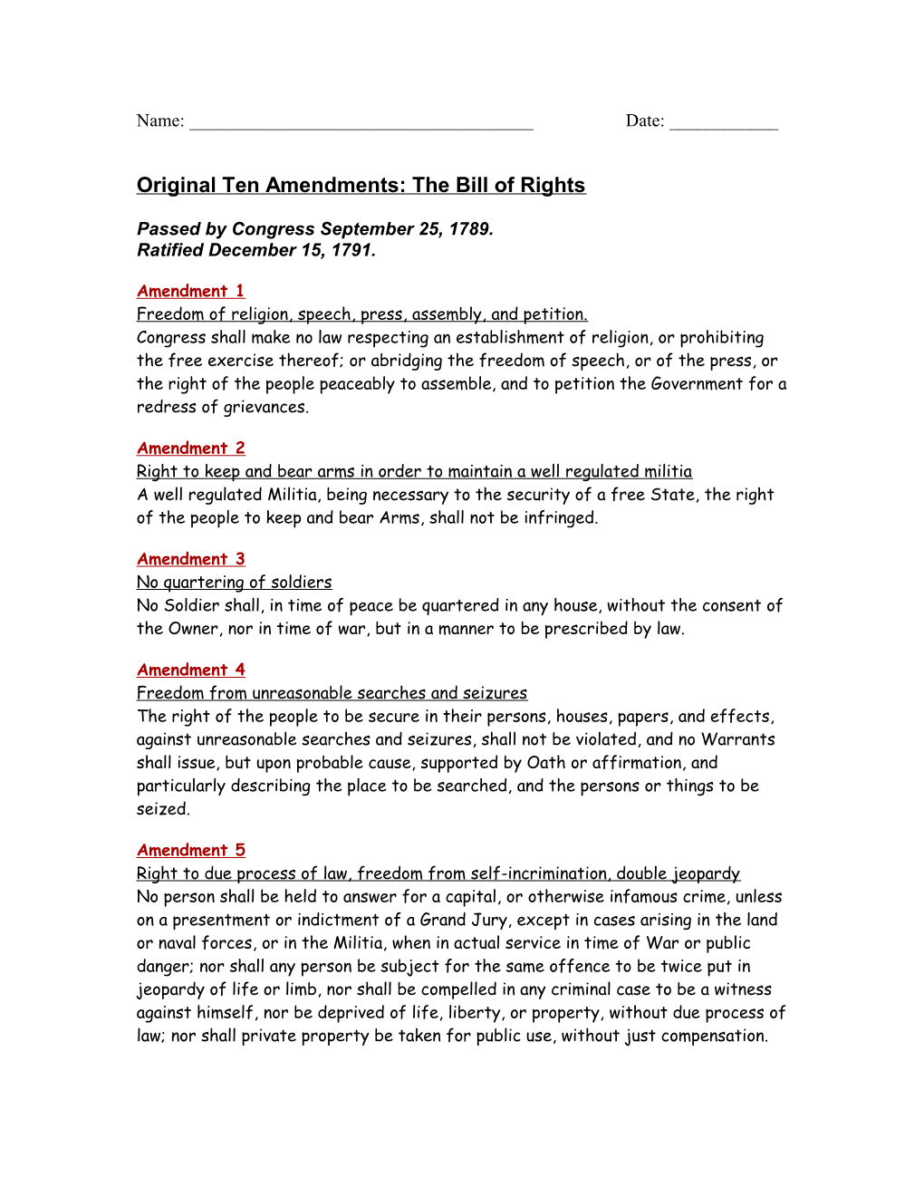 Original Ten Amendments: the Bill of Rights