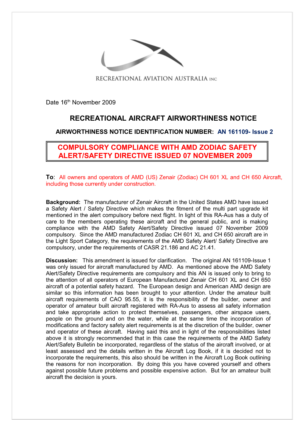 Recreational Aircraft Airworthiness Notice