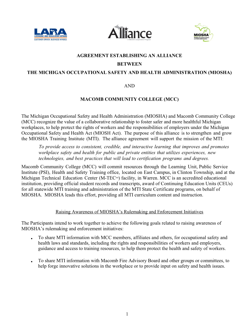 Agreement Establishing an Alliance Between MIOSHA & Macomb Community College (MCC)