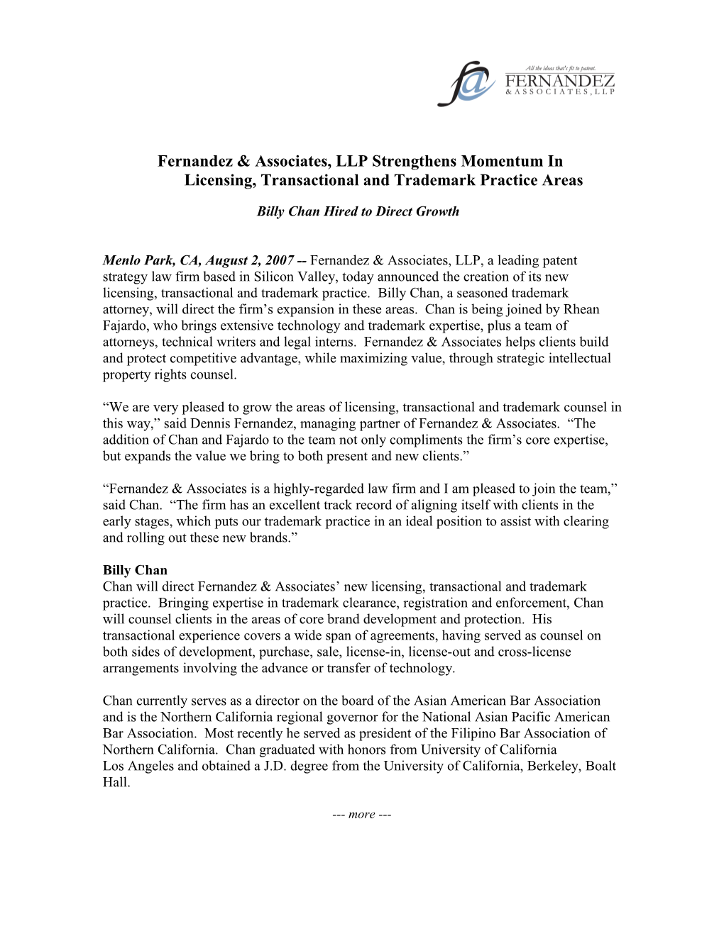 Fernandez & Associates, LLP Strengthens Momentum in Licensing, Transactional and Trademark