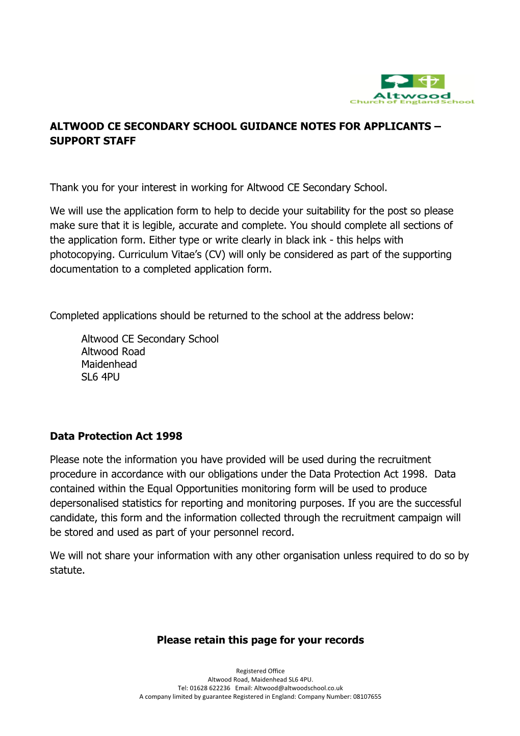 Altwood Ce Secondary School Guidance Notes for Applicants Support Staff