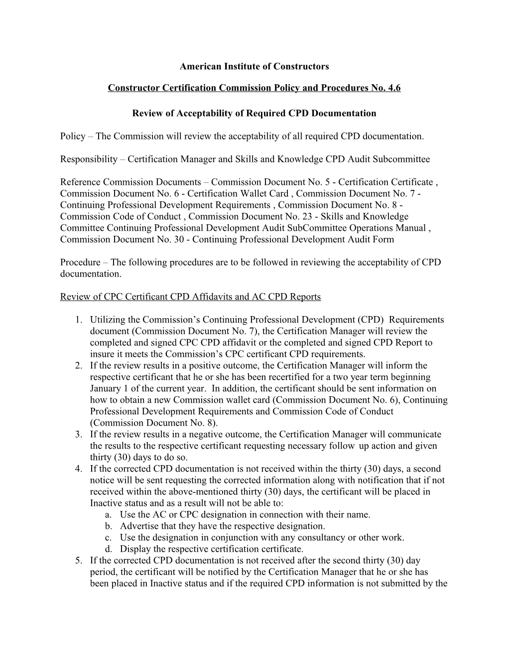 Constructor Certification Commission Policy and Procedures No. 4.6