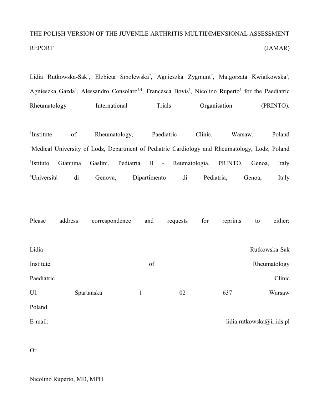 The Polish Version of the Juvenile Arthritis Multidimensional Assessment Report (Jamar)