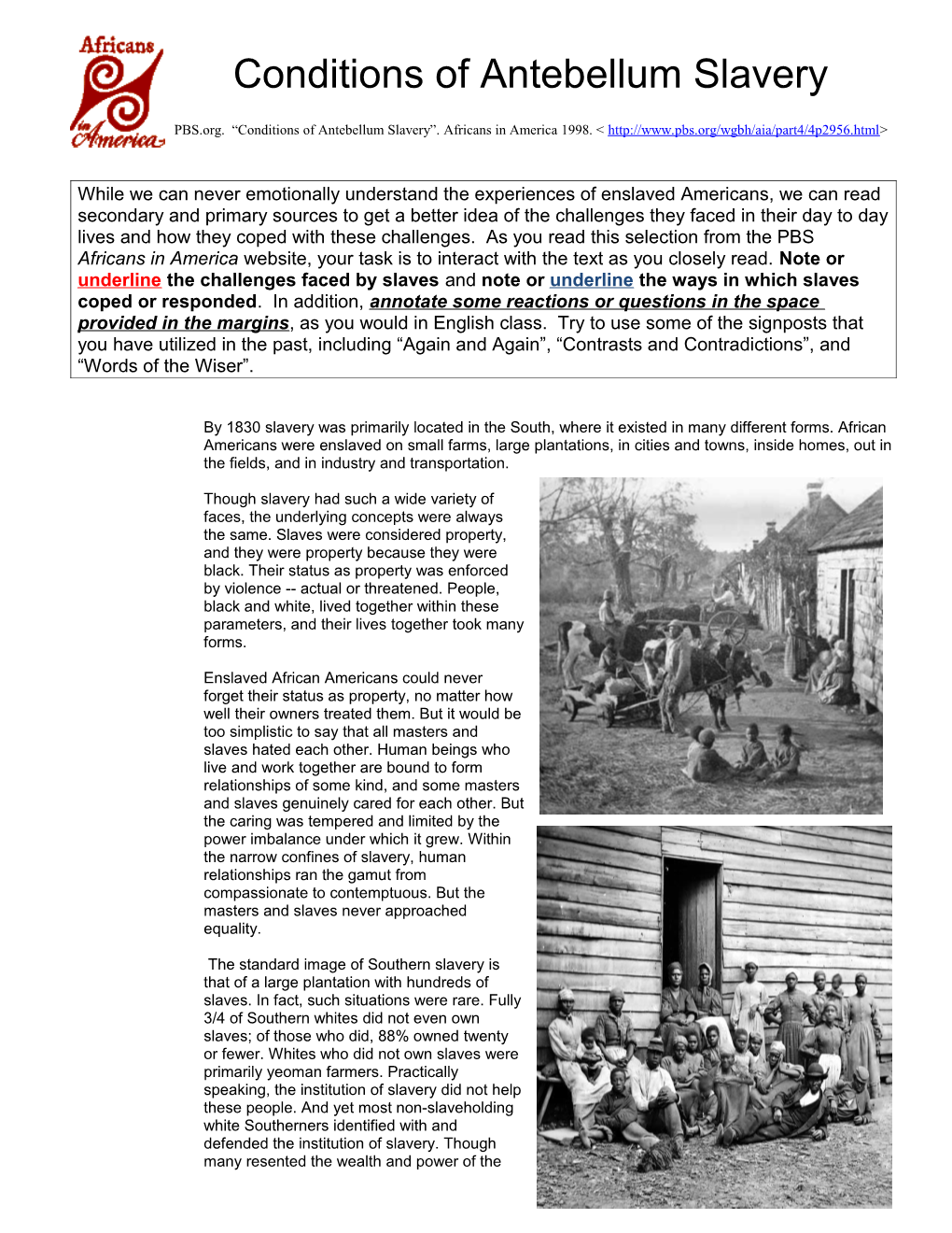 Conditions of Antebellum Slavery