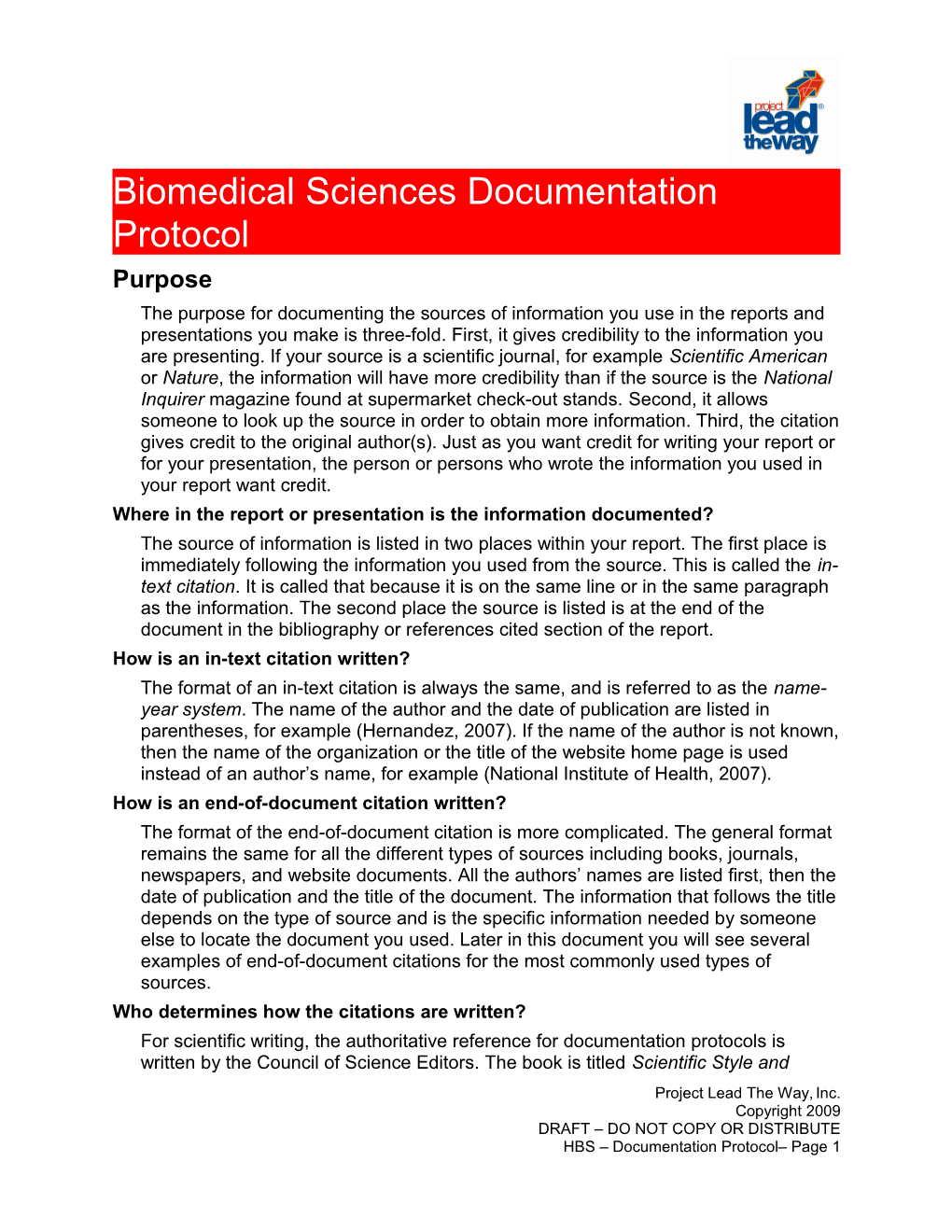 Biomedical Sciences Documentation Protocol