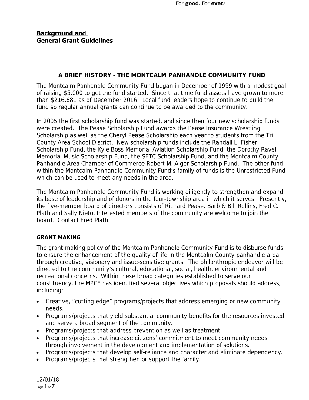 A Brief History - the Montcalm Panhandle Community Fund