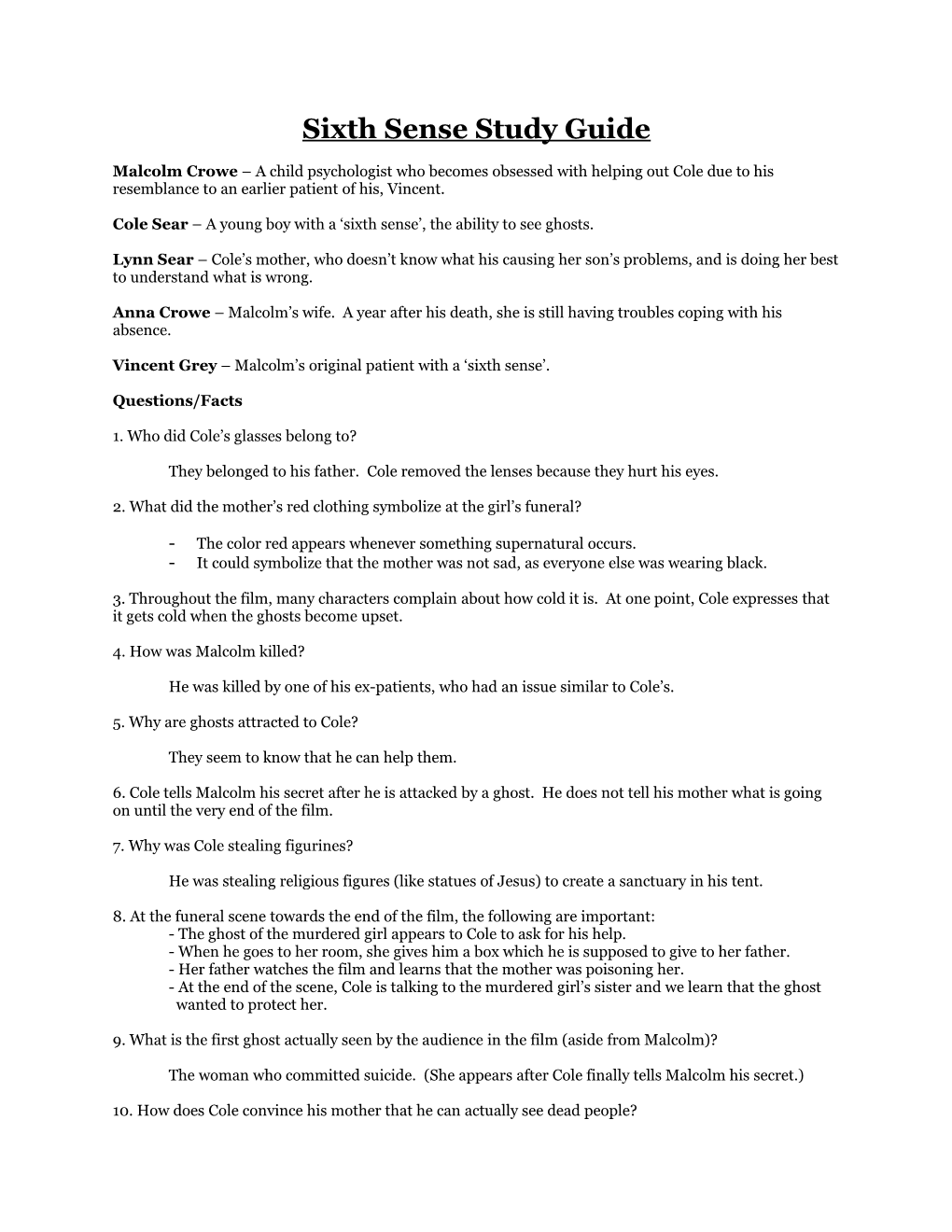 Sixth Sense Study Guide