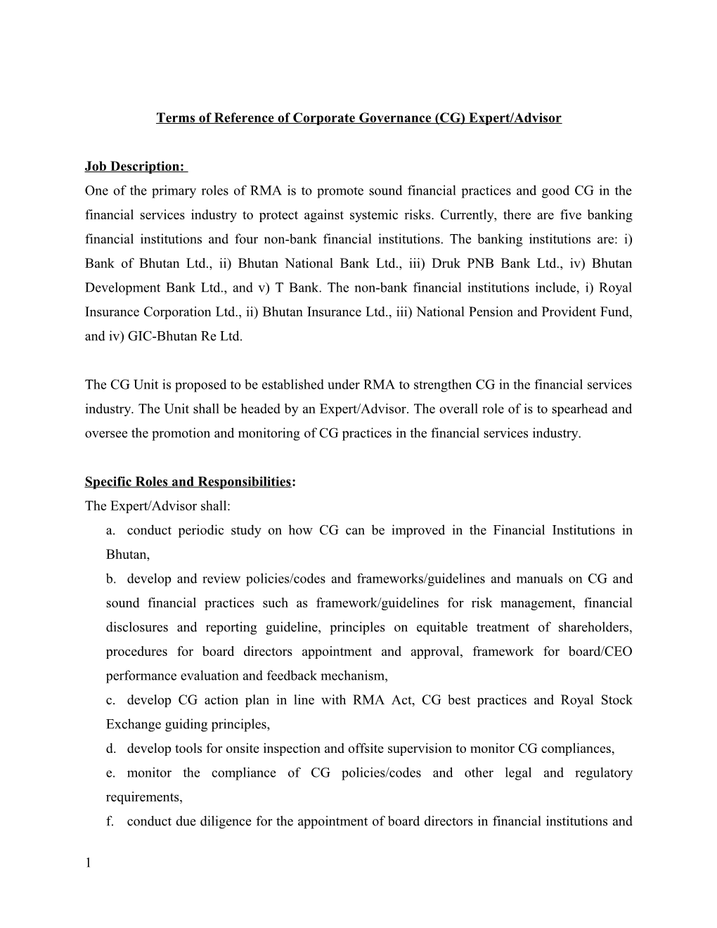 Terms of Reference of Corporate Governance (CG)Expert/Advisor
