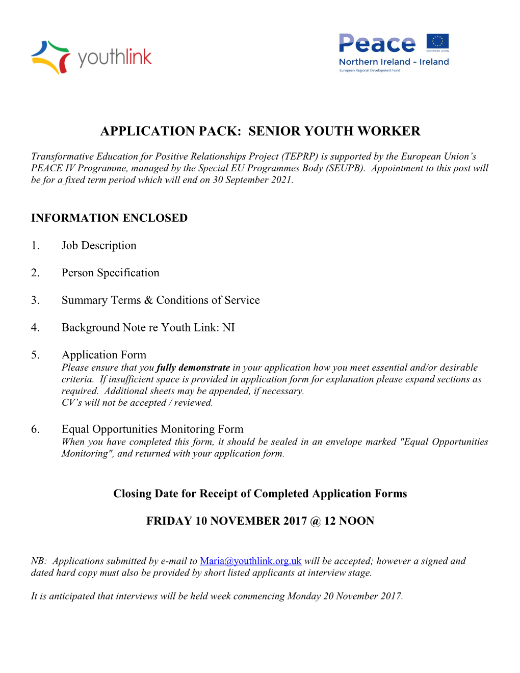 Application Pack: Senior Youth Worker