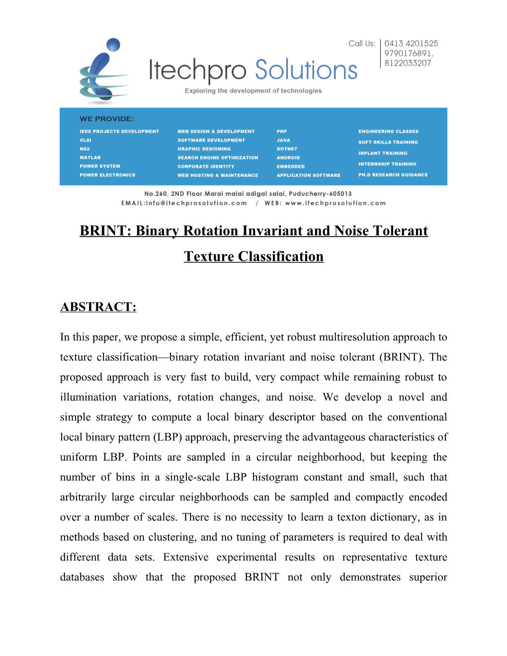 BRINT Binary Rotation Invariant and Noise Tolerant Texture Classification