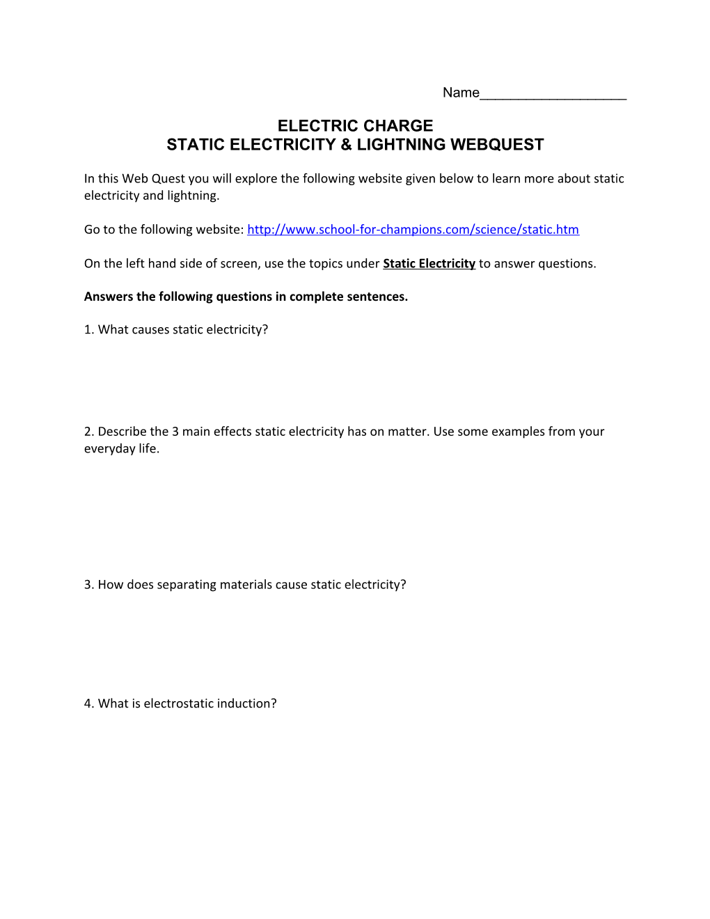 Static Electricity & Lightning Webquest