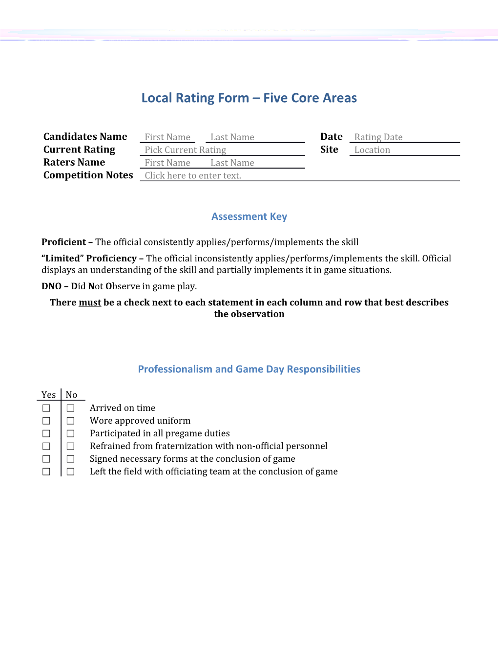 Local Rating Form Five Core Areas
