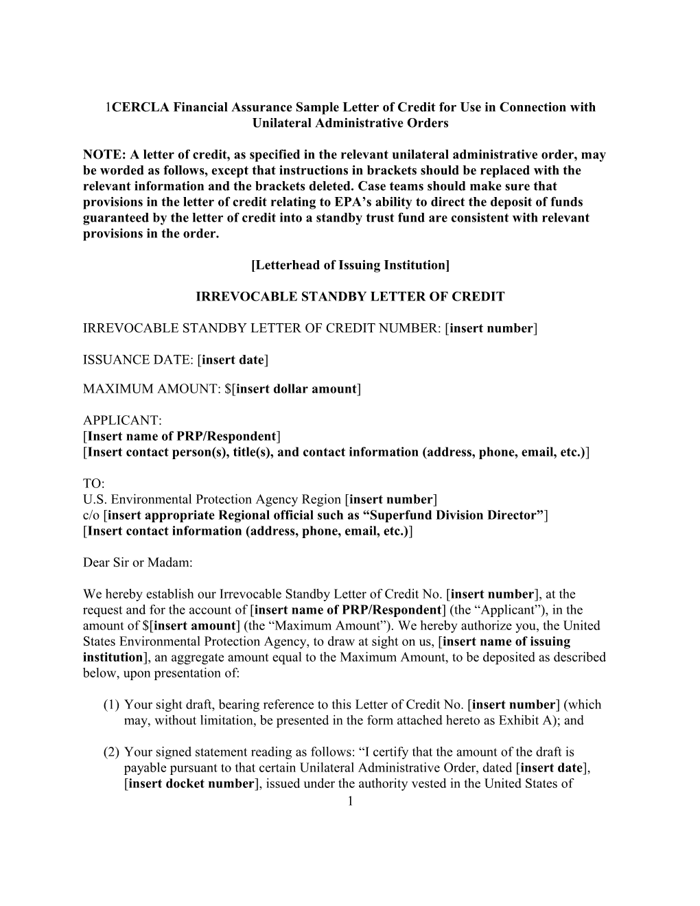 CERCLA Financial Assurance Sample Letter of Credit for Use in Connection with Unilateral