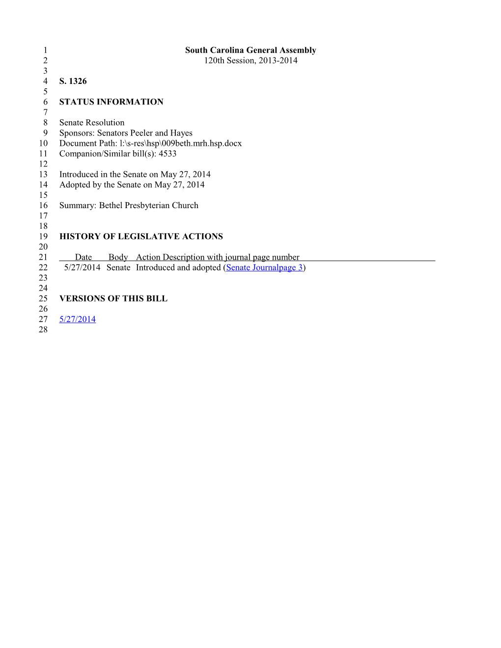 2013-2014 Bill 1326: Bethel Presbyterian Church - South Carolina Legislature Online