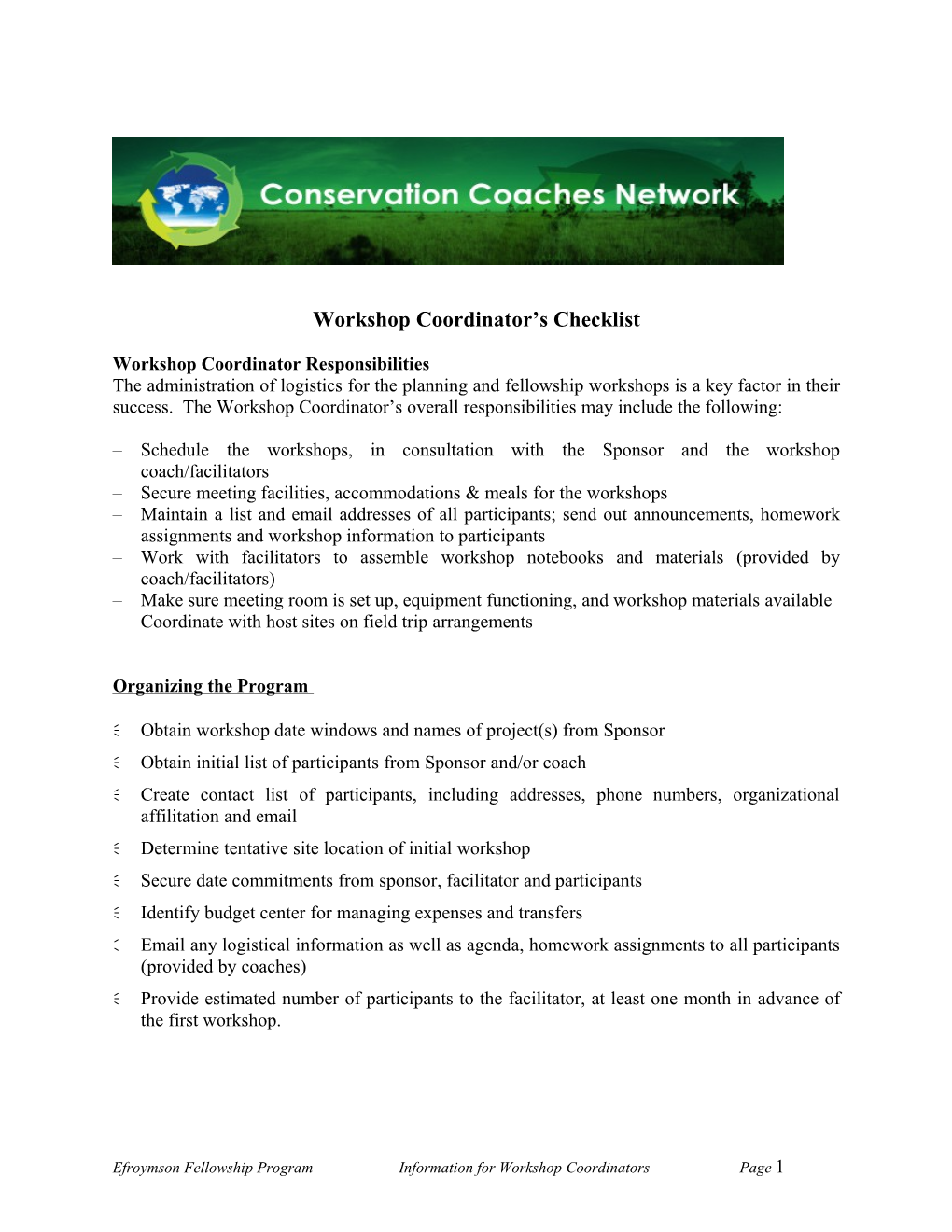 Workshop Coordinator S Checklist
