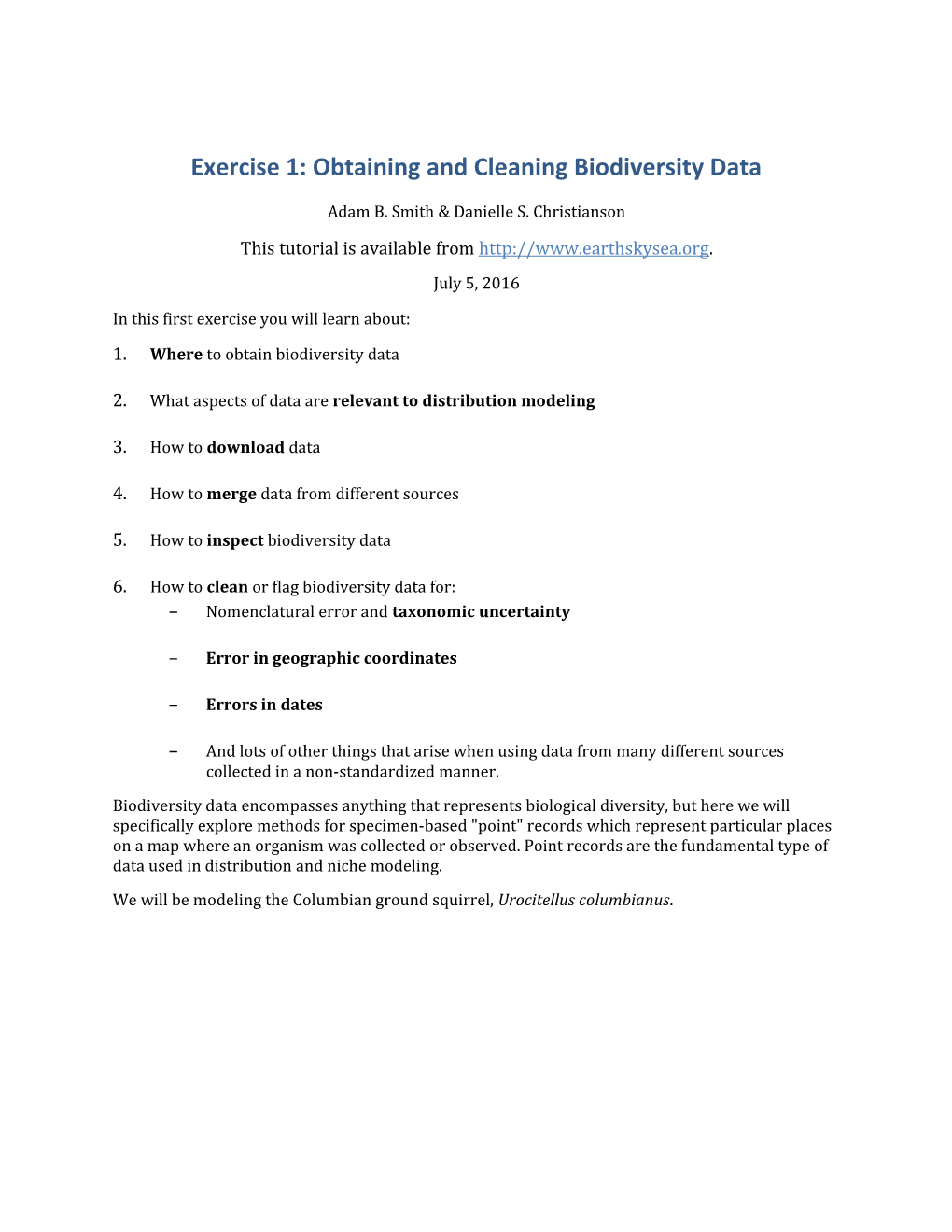 Exercise 1: Obtaining and Cleaning Biodiversity Data