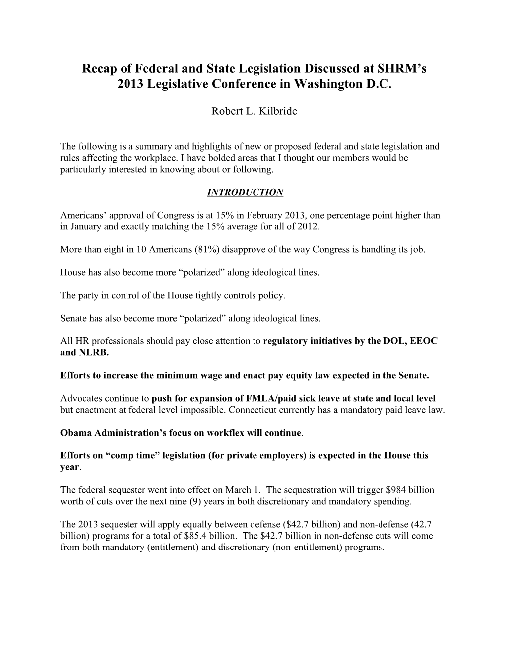 Recap of Federal and State Legislation Discussed at SHRM S