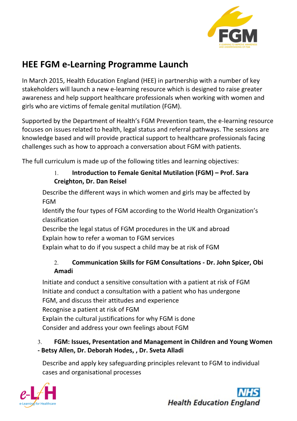 HEE FGM E-Learning Programme Launch