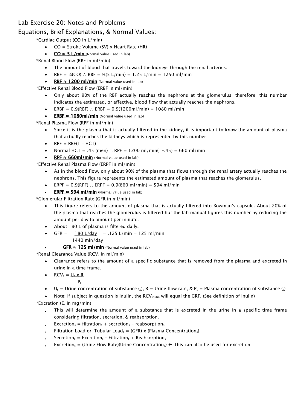 Equations, Brief Explanations, & Normal Values