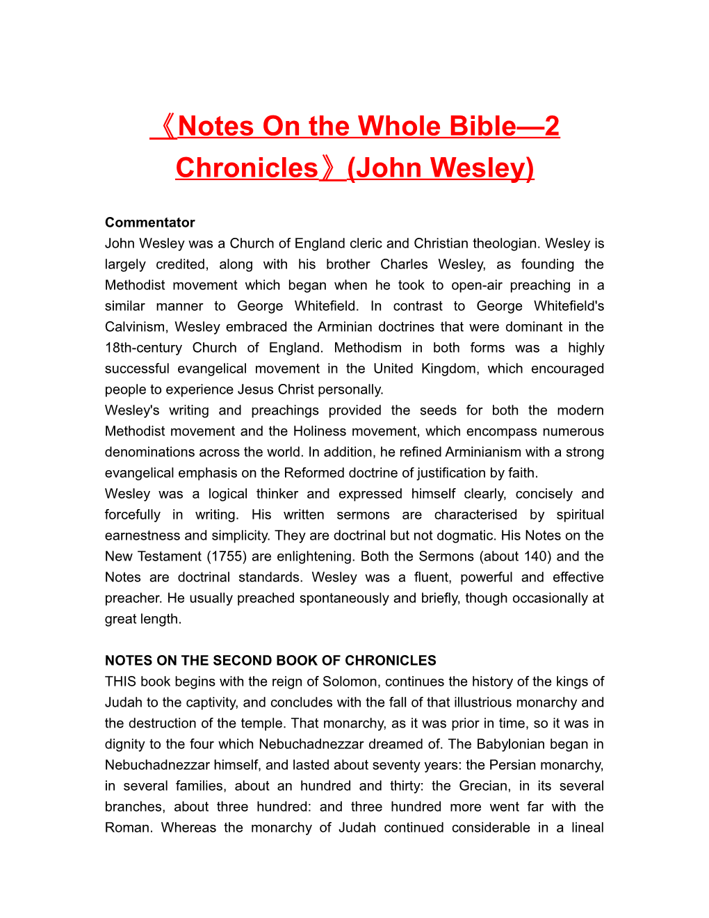 Notes on the Whole Bible 2 Chronicles (John Wesley)