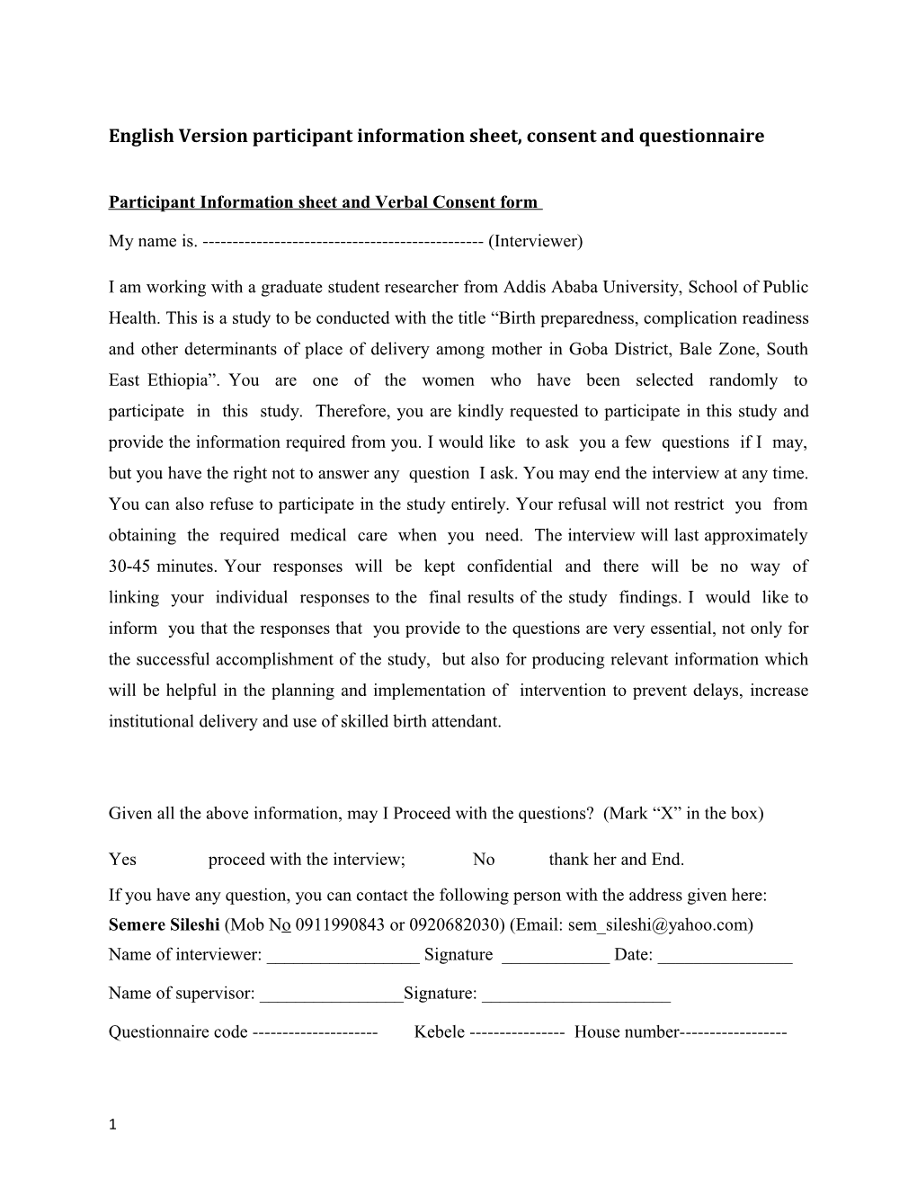 English Version Participant Information Sheet, Consent and Questionnaire