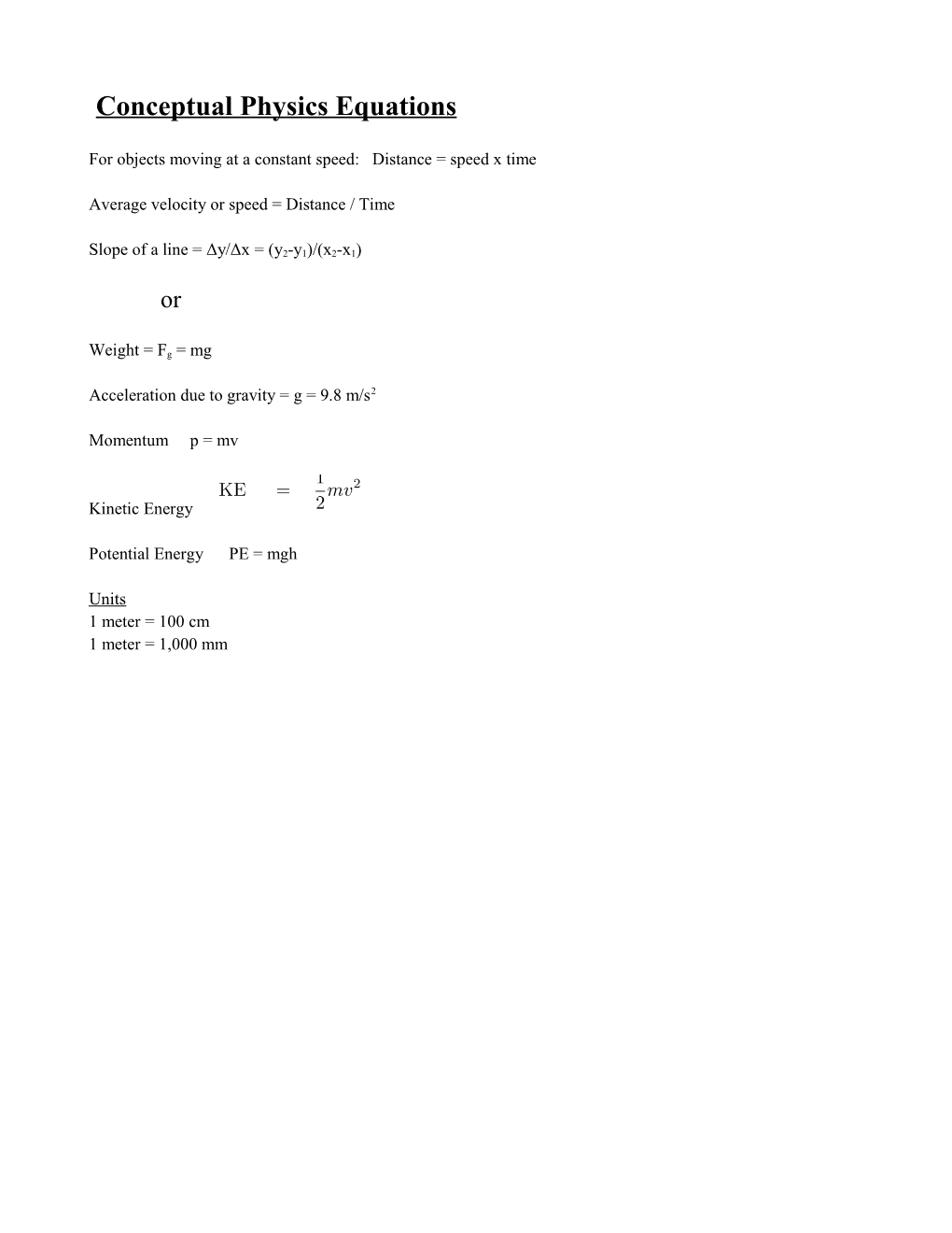 Conceptual Physics Equations