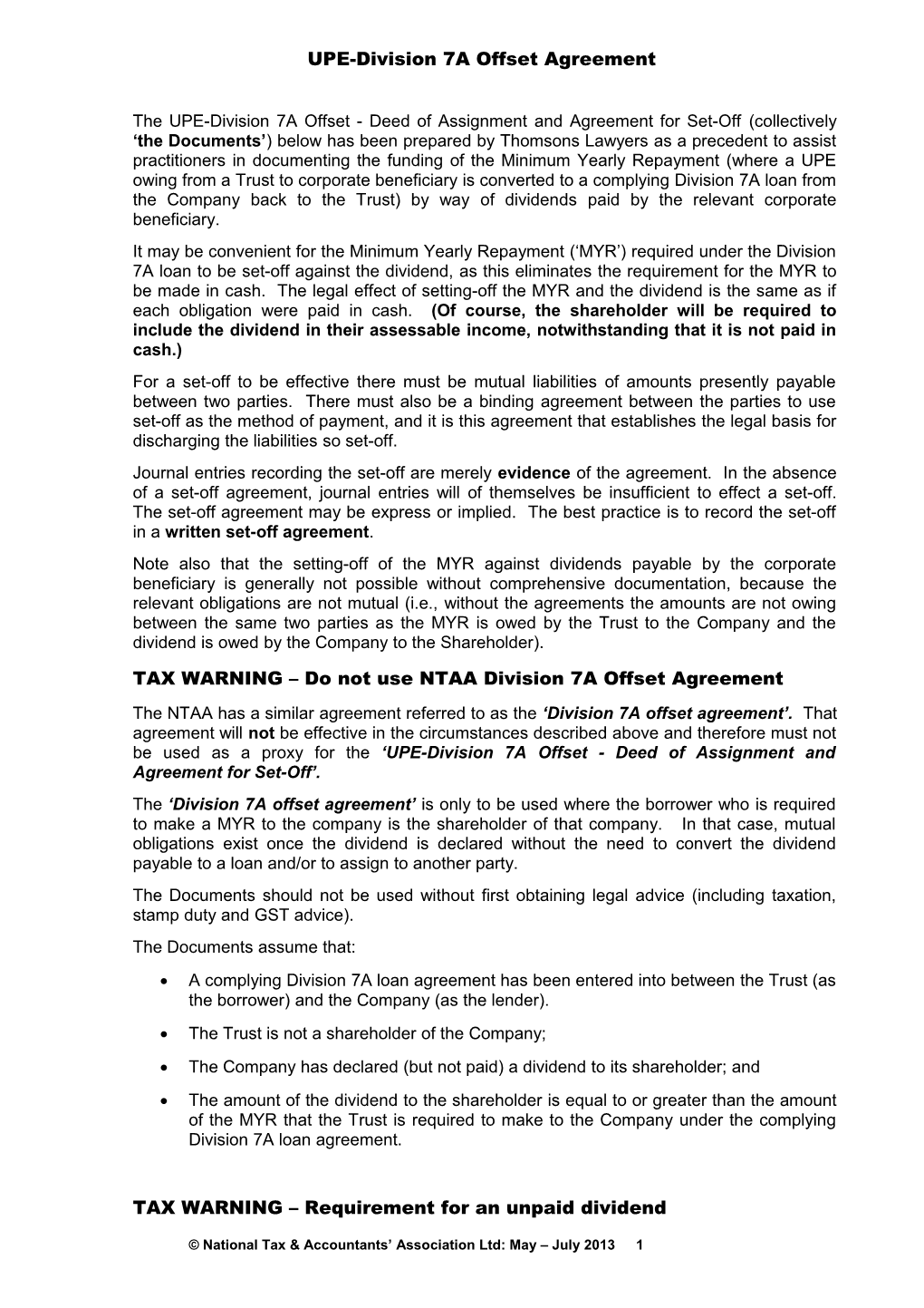 UPE-Division 7A Offset Agreement