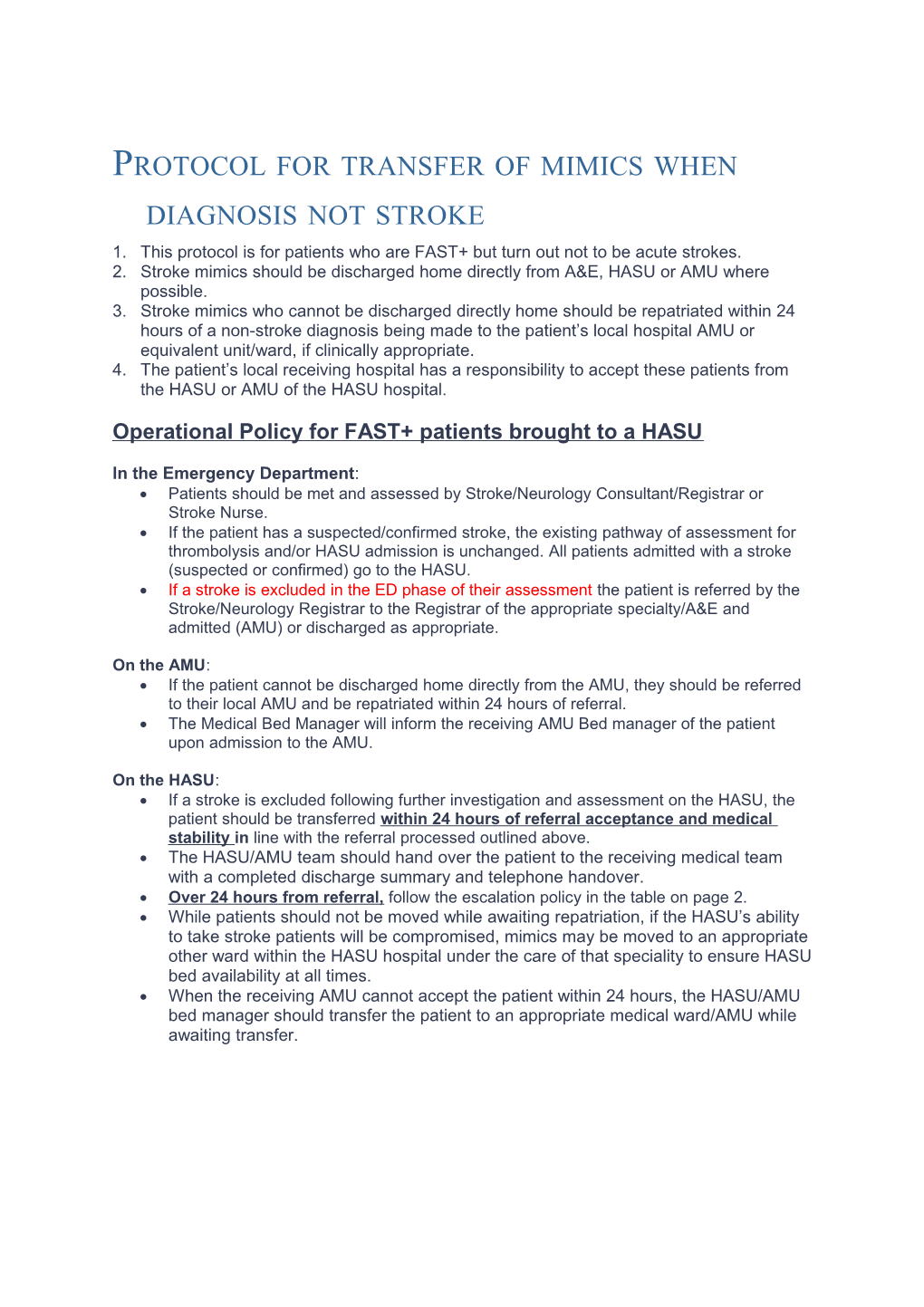 Protocol for Transfer of Mimics When Diagnosis Not Stroke