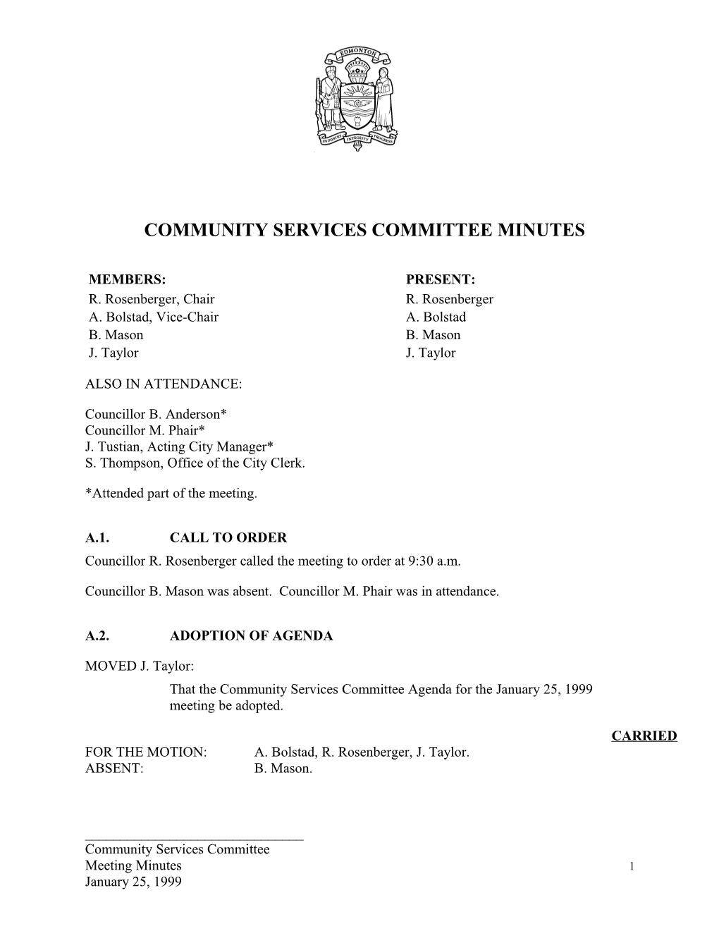 Minutes for Community Services Committee January 25, 1999 Meeting