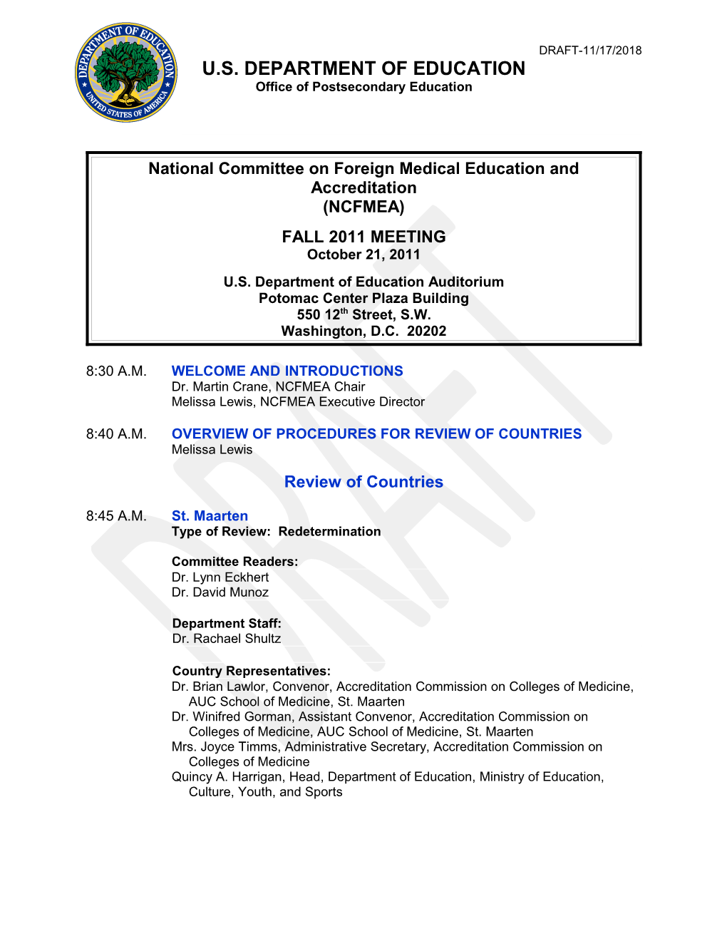 National Committee on Foreign Medical Education and Accreditation - Fall 2011 Agenda (MS Word)