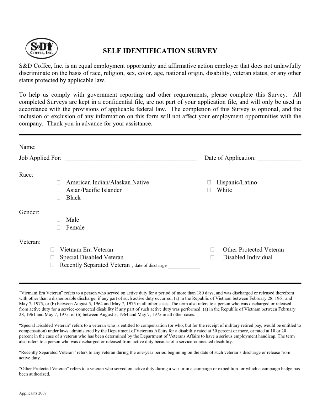 Voluntary Supplement to Employment Application